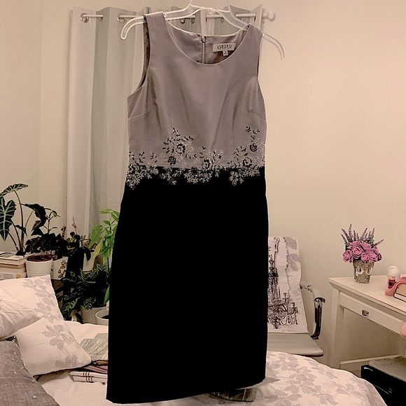 KASPER silver grey and black silk fabric dress with embroidery along waist. - Picture 8 of 8